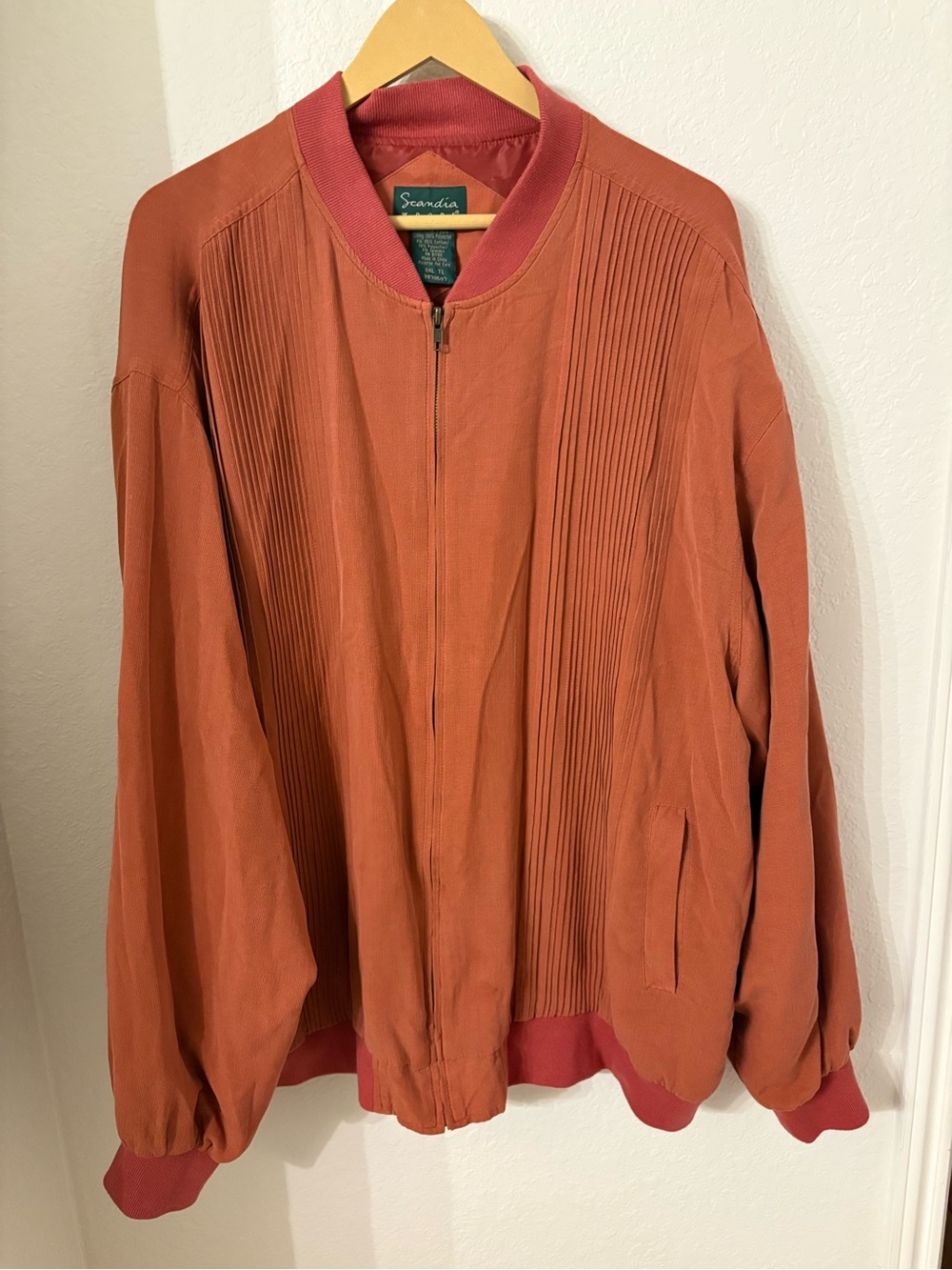 VTG 90s Scandia Woods Silk Shell Bomber Jacket Mens 3XL Tall Pleated Rust Orange